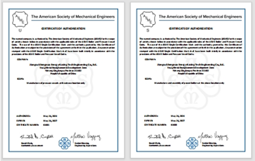 江苏圣诺公司获得ASME标准产品认证证书